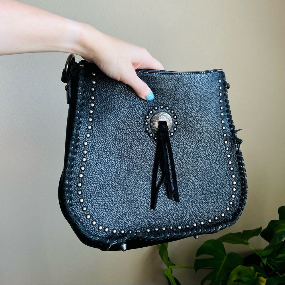 Black Boho Western Leather Saddle Bag Bucket Bag American Bling